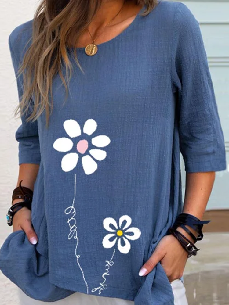Floral Crew Neck Casual 3/4 Sleeve Blouse