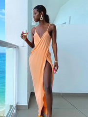 V-Neck Solid Color Slit Backless Maxi Dresses