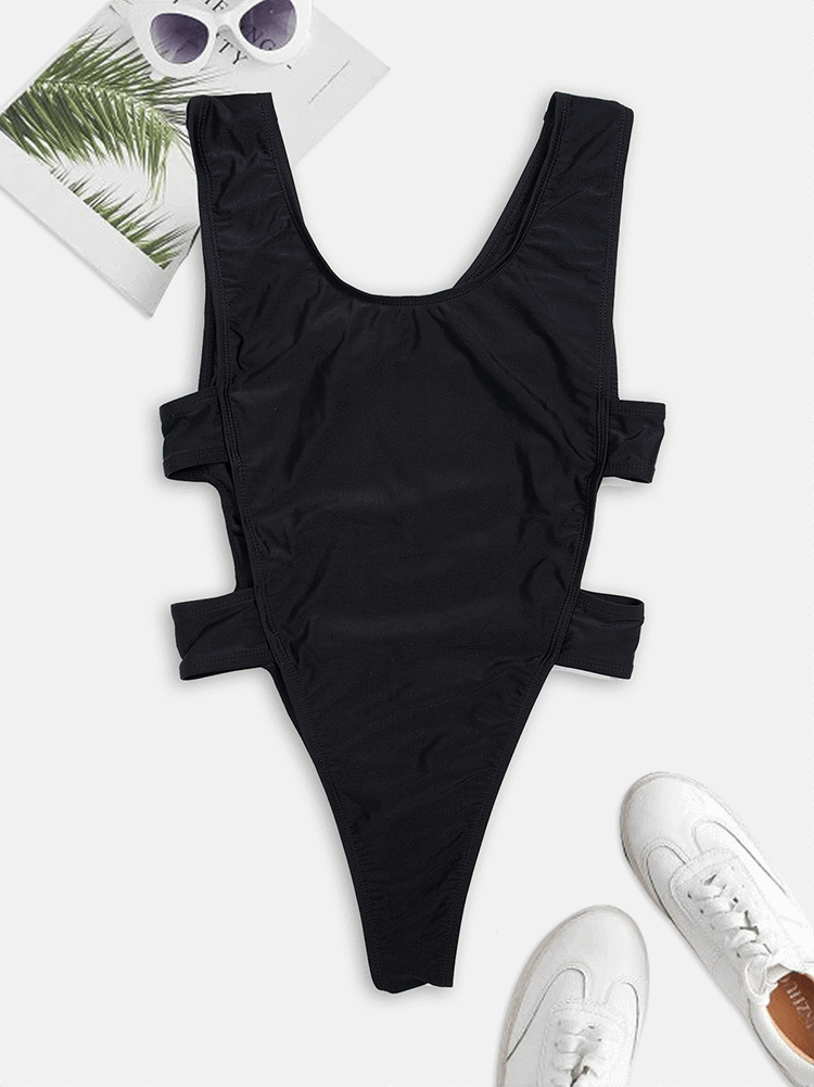 One Piece Solid Color Hollow Out Bodycon Swimsuit