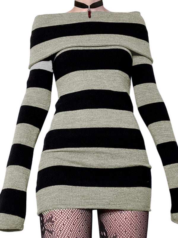 Off Shoulder Long Sleeve Striped Knit Mini Dress