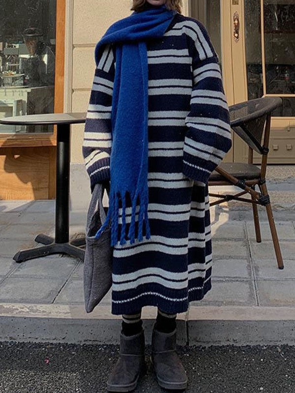 Long Sleeve Striped Pullover Sweater Maxi Dress