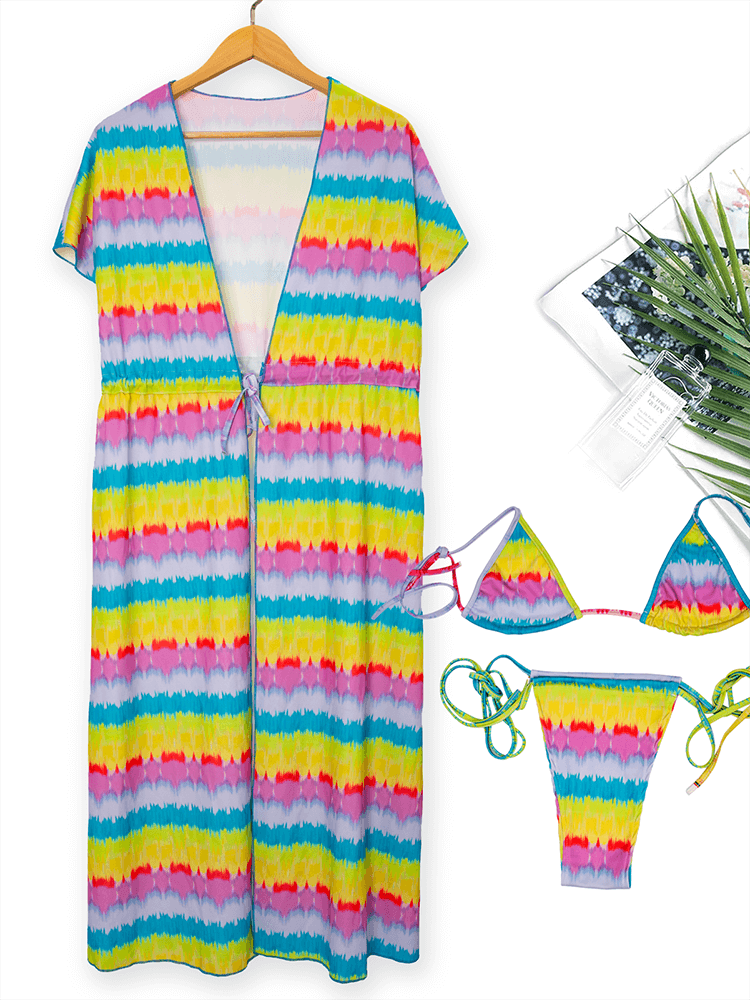 3 Pieces Multicolor Bikini Sets Cover Up Swimsuits