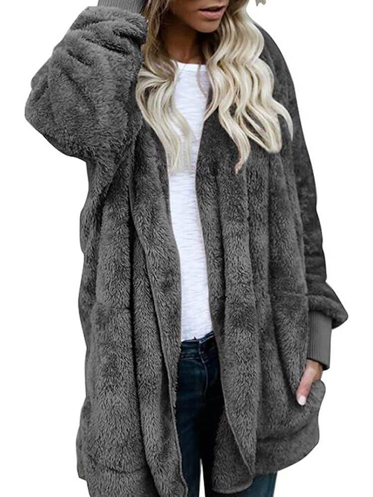 Hooded Cardigan Fluffy Fleece Coat Open Front Jacket Outwear