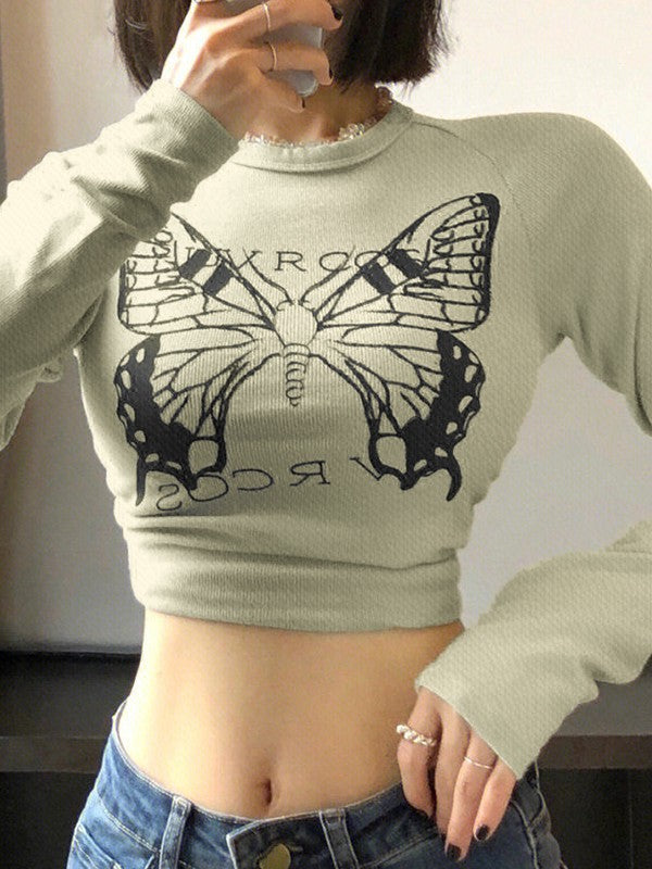 Butterfly Long Sleeve Ribbed Top