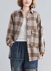 Handmade lapel Batwing Sleeve linen Long Shirts khaki plaid Knee top