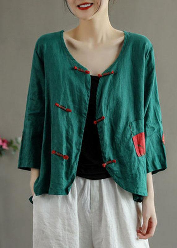 Italian Green Patchwork Pockets Oriental Linen Shirt Top Summer