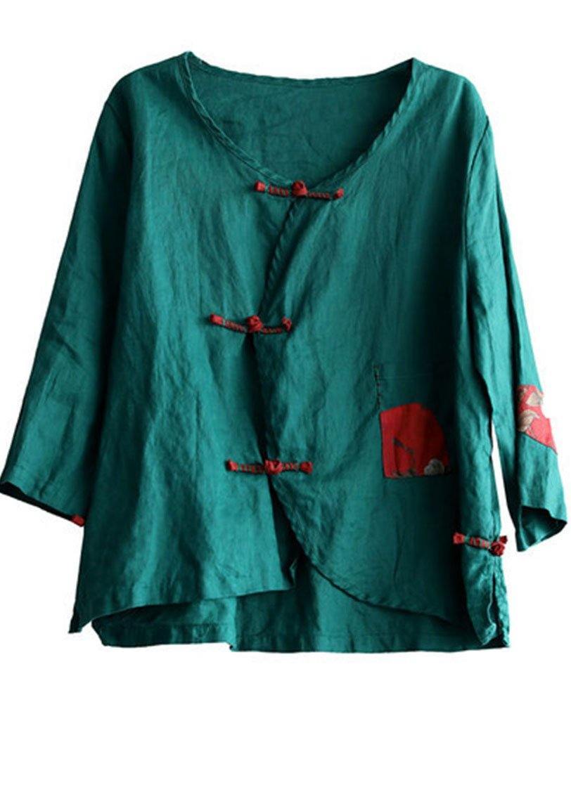 Italian Green Patchwork Pockets Oriental Linen Shirt Top Summer