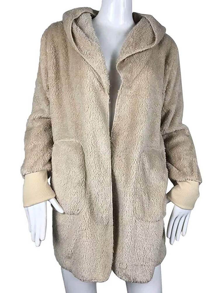 Hooded Cardigan Fluffy Fleece Coat Open Front Jacket Outwear