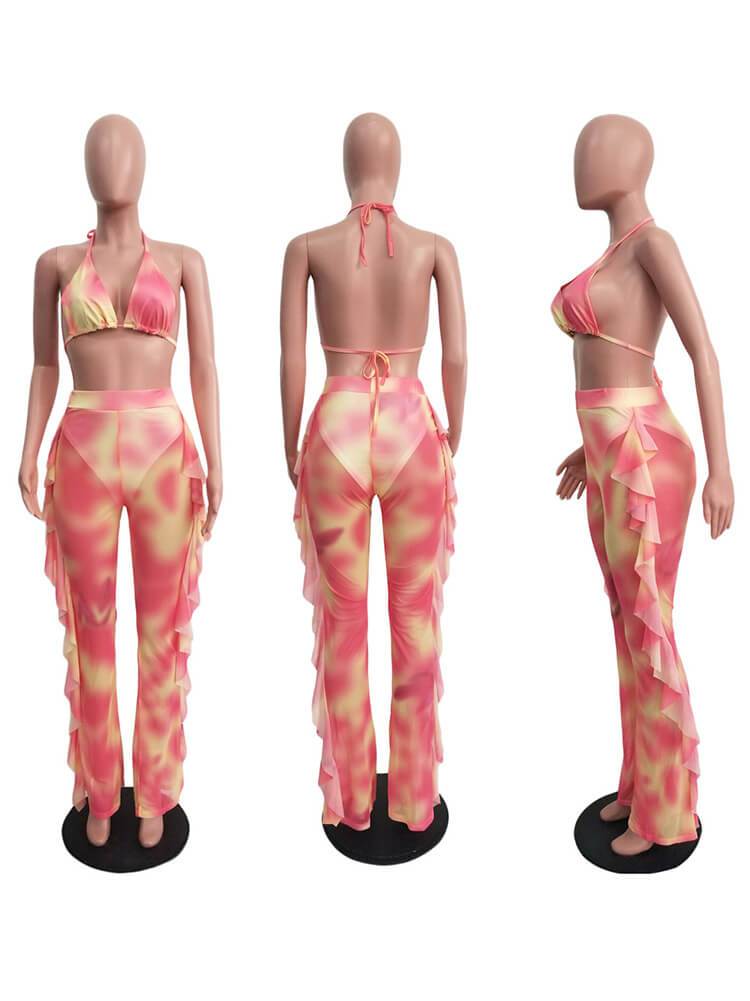 2 Piece Ruffle Halter Sheer Bikini Swimsuits