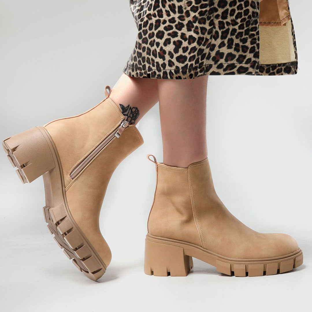 Chelsea Style Lug Sole Block Heel Ankle Boots - Khaki
