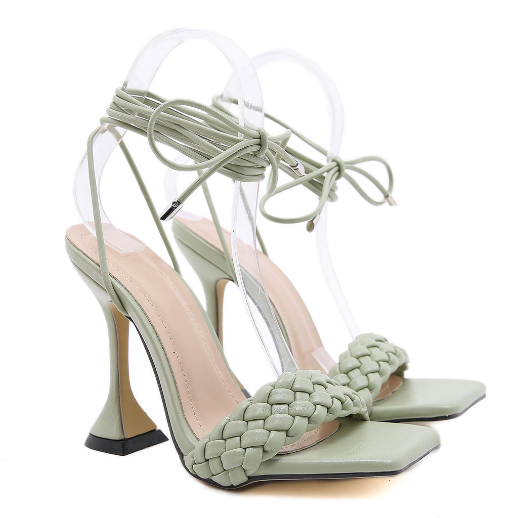 Braided Strap Square Toe Unique High Heel Sandals - Green