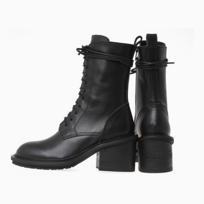 Classic Narrow Calf Lace Up Chunky Heel Combat Boots - Black