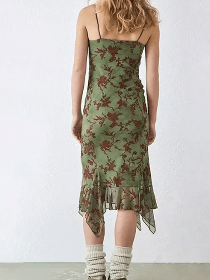 Green Floral Mesh Midi Dress