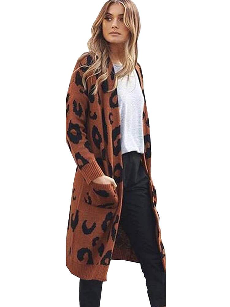 Leopard Print Open Front Cardigan Outwear with Pockets