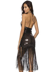 V Neck Sparkly Tassel Bodycon Sequin Midi Dress
