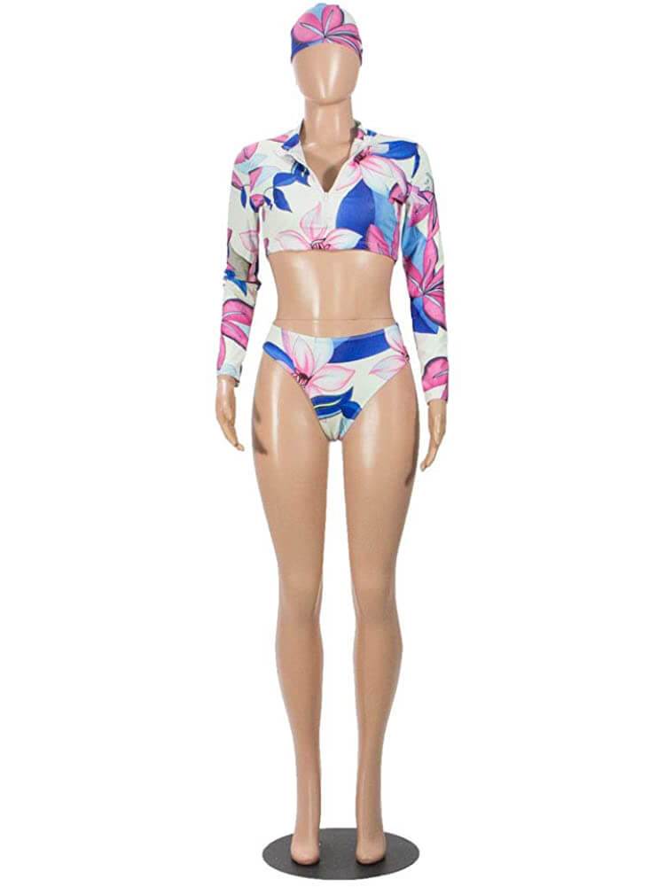 3 Pieces Floral Rash Guard+Thong+Scarf Bikini Sets Swimwear