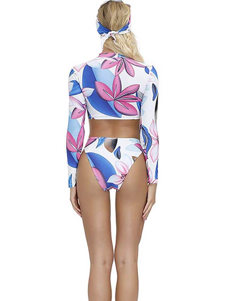 3 Pieces Floral Rash Guard+Thong+Scarf Bikini Sets Swimwear