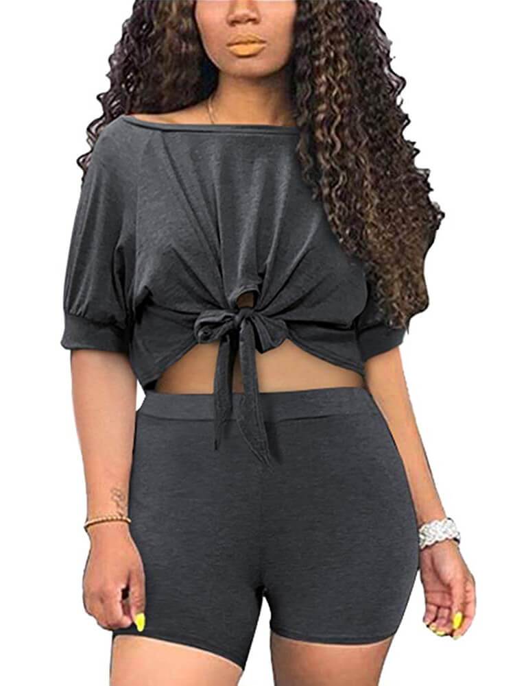 2 Piece Casual Front Knot T-Shirt+Pants Sets Tracksuits
