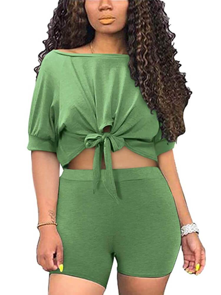 2 Piece Casual Front Knot T-Shirt+Pants Sets Tracksuits