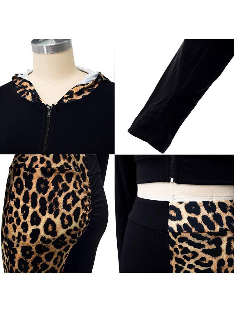 2 Piece Block Color Leopard Zipper Hoodie+Skinny Legging