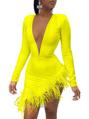V Neck Feather Mesh Patchwork Solid Color Mini Dresses