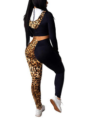 2 Piece Block Color Leopard Zipper Hoodie+Skinny Legging