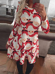 Plus Size Santa Print Pullover Long Sleeve Party Dress