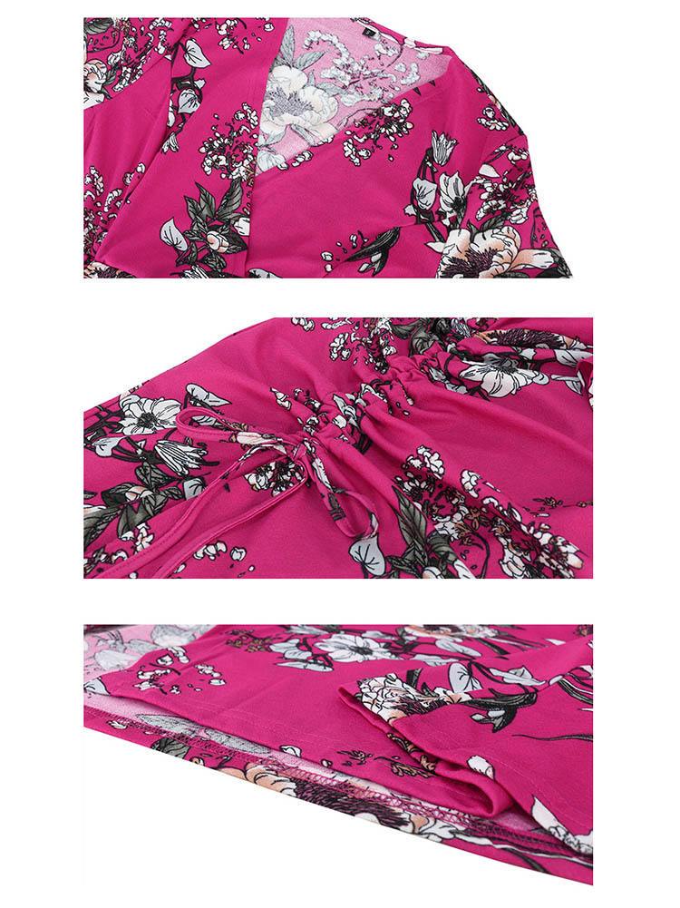 V Neck Long Sleeve Split Floral Print Ruched Midi Dresses