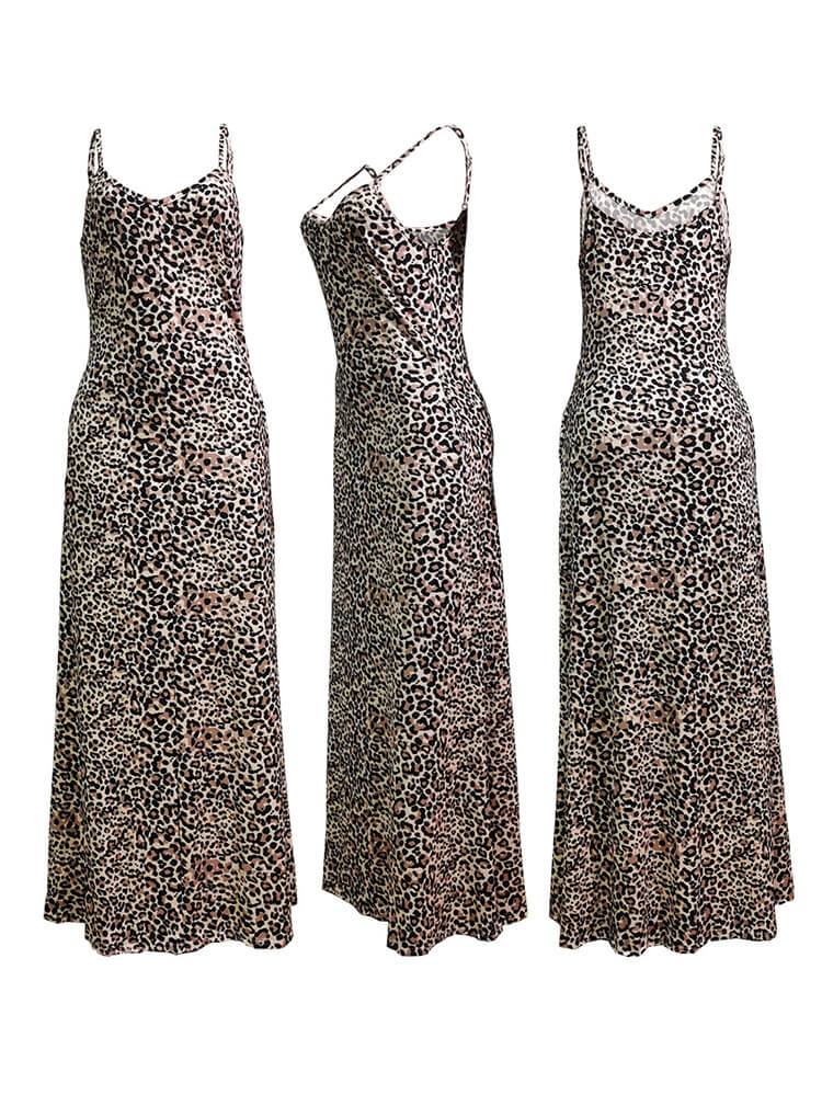 Spaghetti Strap Leopard Print Maxi Dresses with Pockets
