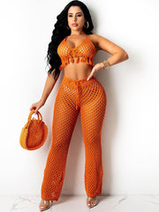 2 Piece Halter Tassel Crop Top & Knitted Hollow Out Pants