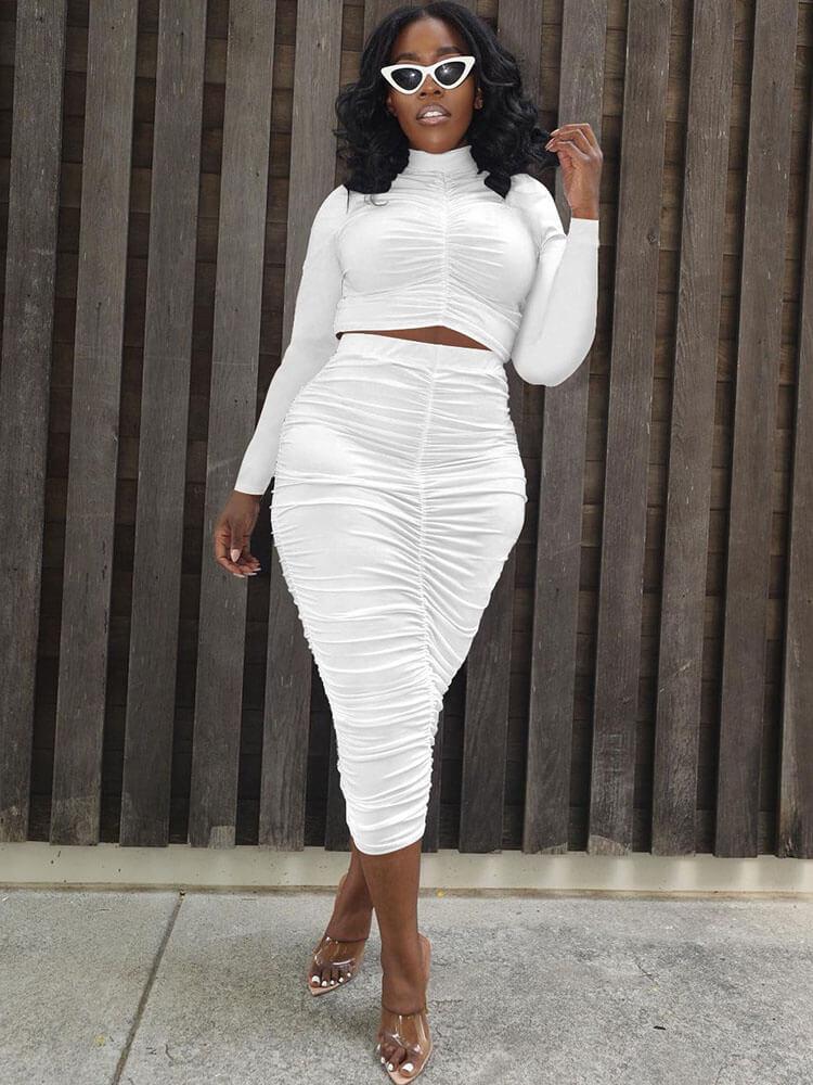 Two Piece Long Sleeve Crop Top Ruched Bodycon Midi Skirt