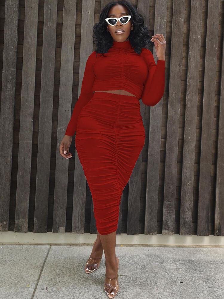 Two Piece Long Sleeve Crop Top Ruched Bodycon Midi Skirt