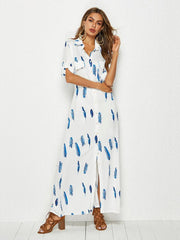 V Neck Loose Down Roll up Sleeve Maxi Dresses
