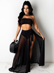 2 Piece Sheer Mesh Tube Crop Top+Split Maxi Skirt Sets