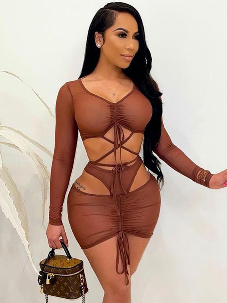 2 Piece Mesh Cover Up Long Sleeve Tie-up Crop Top&Mini Skirt