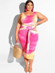 Plus Size 2 Piece Tie Dyed Crop Top+Bodycon Skirts Sets
