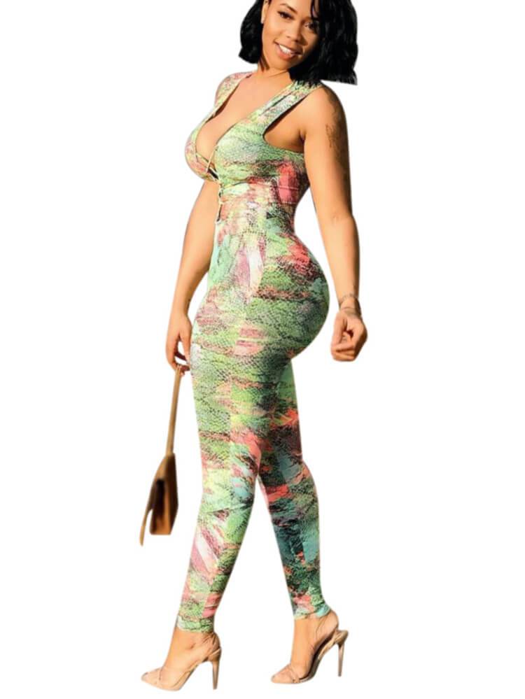 V Neck Sleeveless Floral Print Lace Up Bodycon Jumpsuit