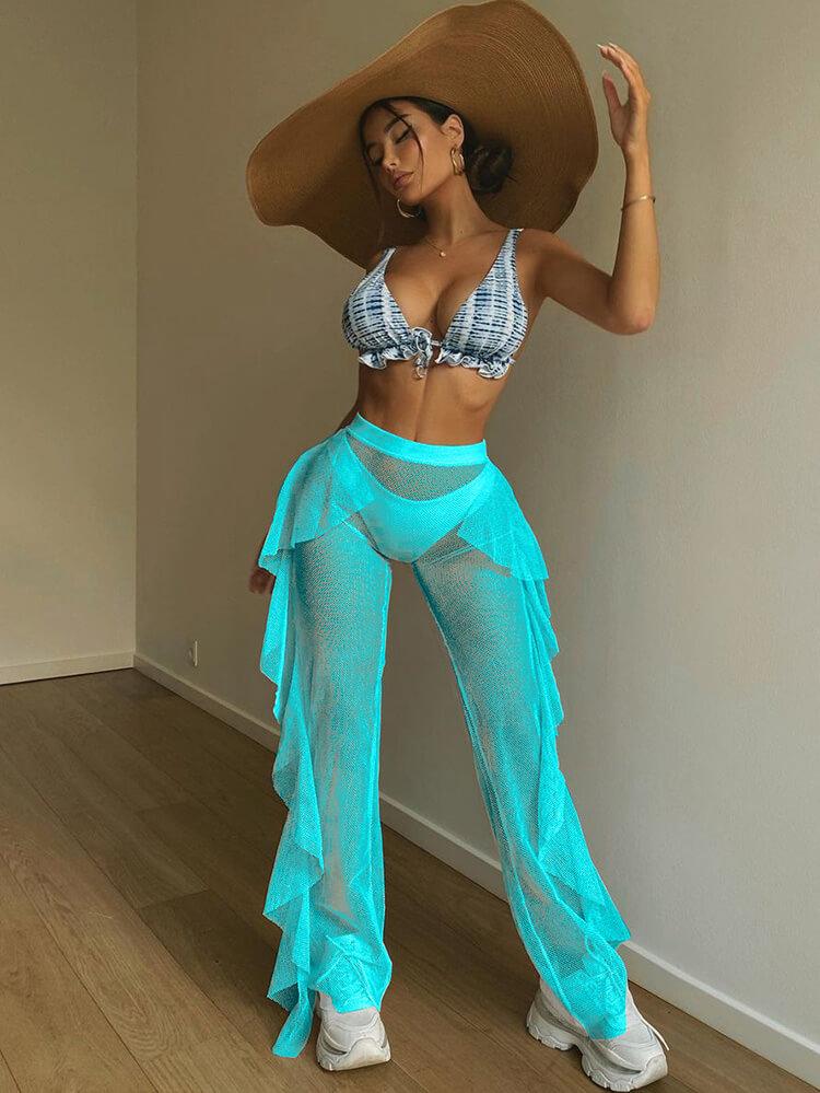 Solid Color Mesh Ruffle Cover up Pants Swimsuit