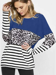 Leopard Striped Print Color Block Long Sleeve Sweatshirt