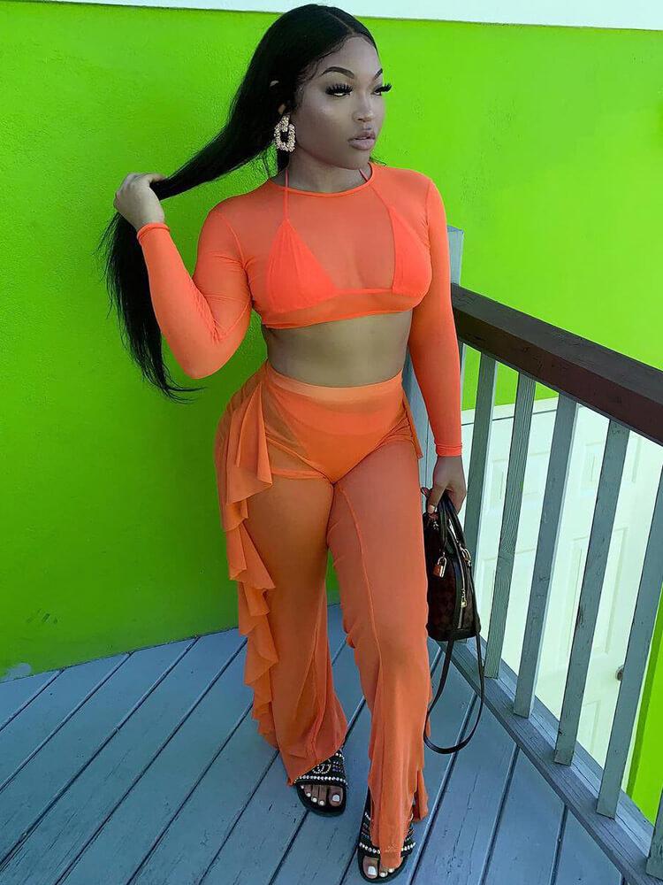 2 Piece Mesh Sheer Crop Top Cover Up Pants Sets Swimsuits