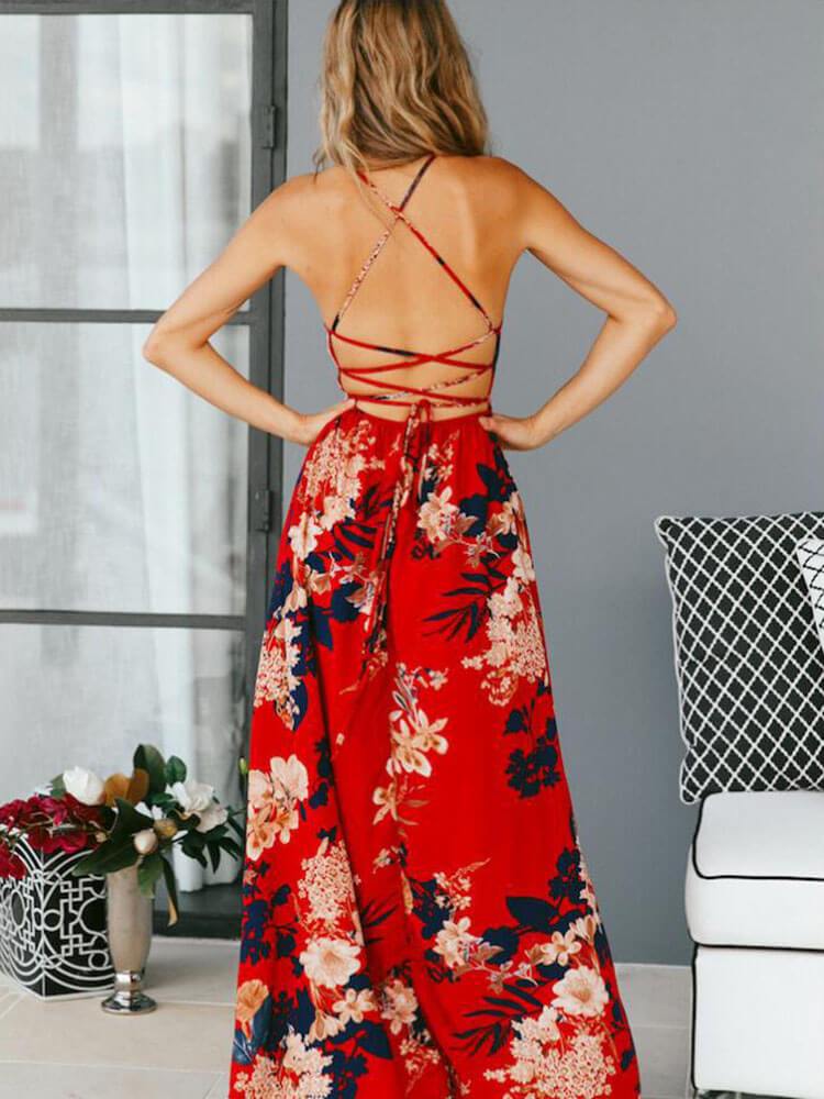 Spaghetti Strap Backless Floral Printed Split Maxi Dress