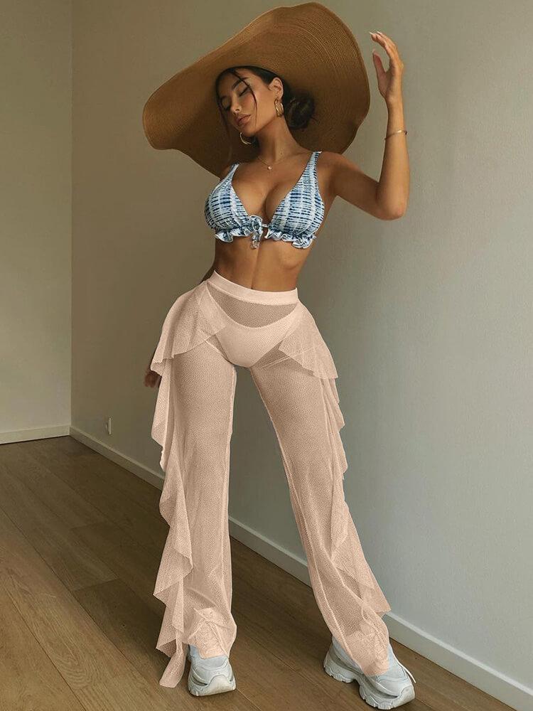 Solid Color Mesh Ruffle Cover up Pants Swimsuit