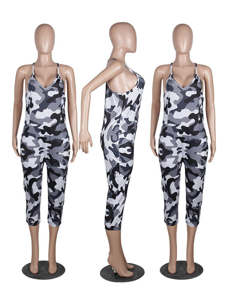 Spaghetti Strap Camouflage Loose Harem Jumpsuits Rompers
