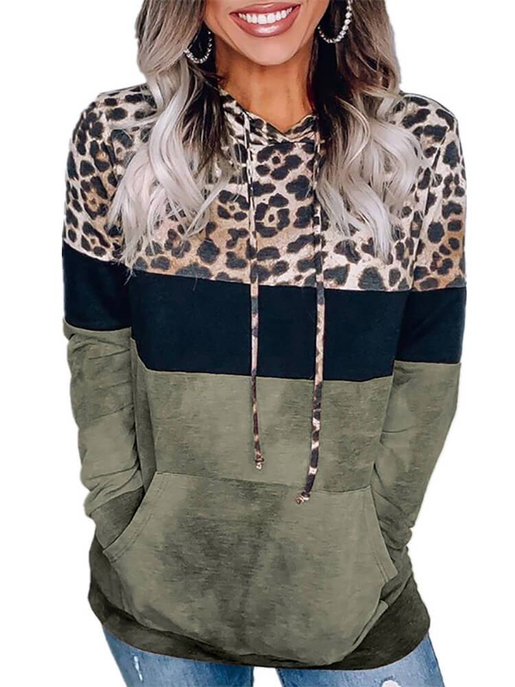 Pullover Leopard Patchwork Long Sleeve Hoodies Sweatshirts
