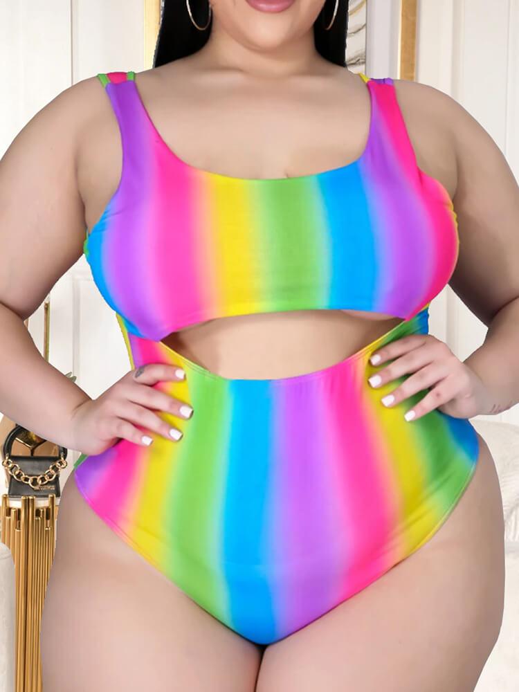 Plus Size 2 Piece Rainbow Jumpsuit+Skirt Suit Beach Swimsuits
