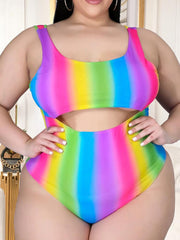 Plus Size 2 Piece Rainbow Jumpsuit+Skirt Suit Beach Swimsuits