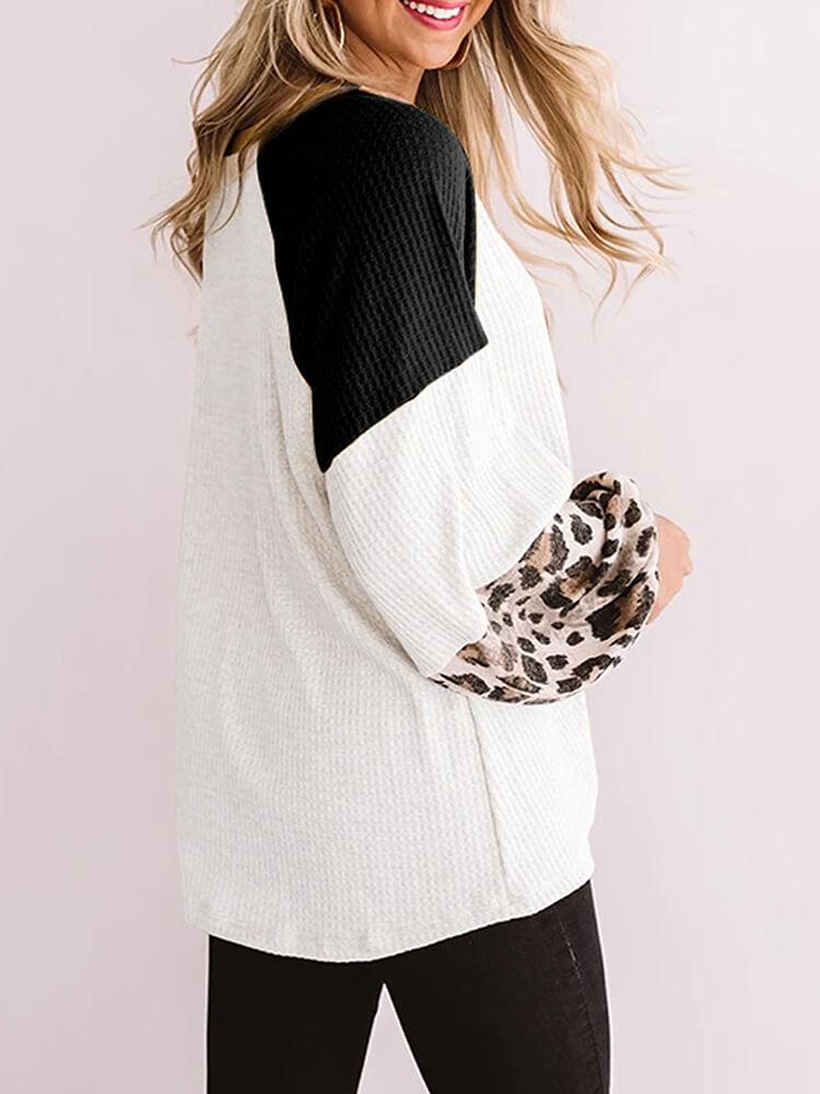 Long Sleeve Patchwork Knit Leopard Sweatshirts Tops