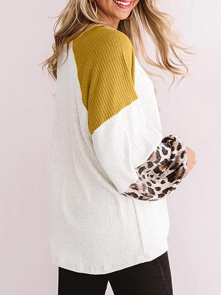 Long Sleeve Patchwork Knit Leopard Sweatshirts Tops