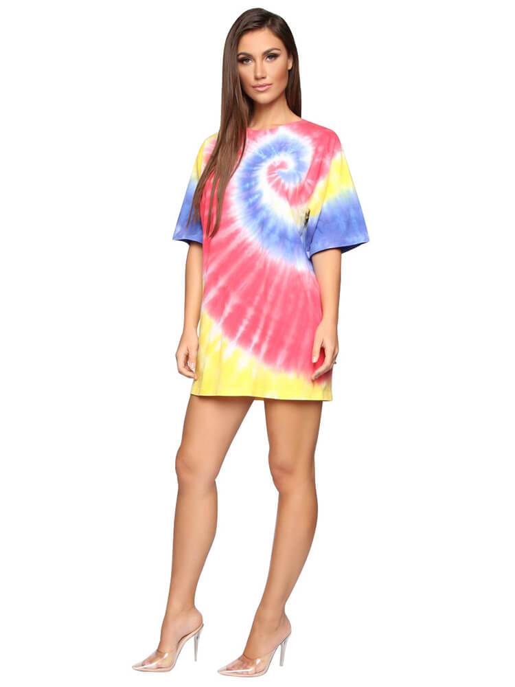 Tie Dyed Floral Print Long Sleeve Mini Dresses