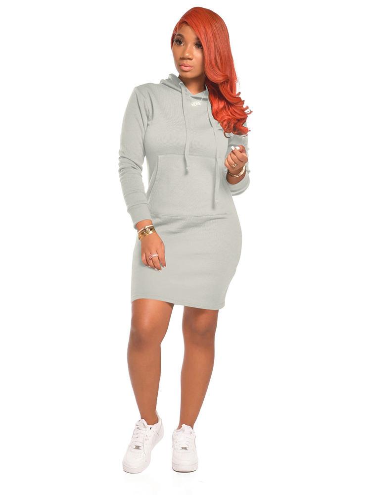 Long Sleeve Solid Color Hooded Pullover Mini Dresses